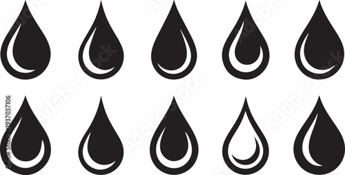 Ten black and white teardrop shapes arranged in two rows of five silhouette
