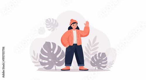 Friendly person in casual attire with beanie and jacket waves hello amidst tropical foliage