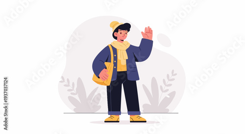 Person in winter attire waves hello, carrying a yellow bag and wearing glasses