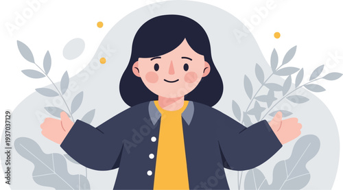 Cheerful person with open arms, surrounded by subtle gray foliage and yellow dots