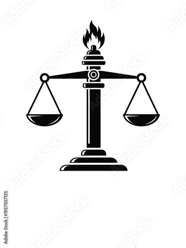 Scale with flame on top symbolizing justice and balance in one sentence