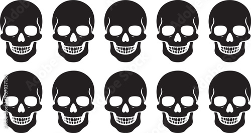 Ten black and white skull with different expressions arranged in two rows face