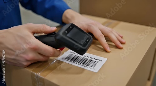 Hands scan barcode on cardboard box with electronic scanner device in warehouse