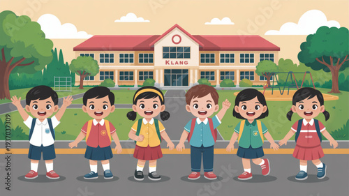 Group of happy schoolchildren holding hands and standing in front of a school building with a red roof and green surroundings
