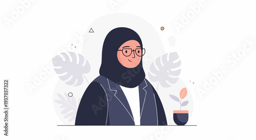 Professional woman in hijab and glasses, with plants