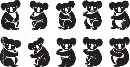 Ten black silhouette koalas sitting and hugging their chests in various poses on white background