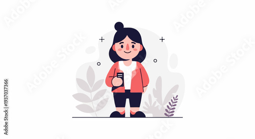 A cartoon girl with black hair in a bun, wearing a pink jacket, holds a phone