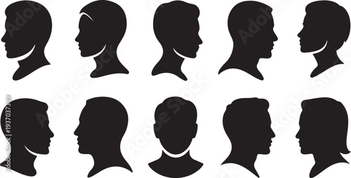 Ten black silhouette profiles of people facing left and right in two rows white