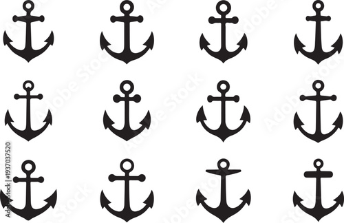 Twelve black anchor symbols arranged in a grid pattern on a white background nautical