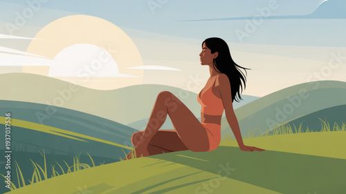Woman sitting on green hillside enjoying serene landscape with rolling hills and sunrise in the background peaceful atmosphere calm mood natural beauty wellness concept