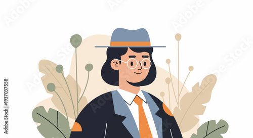 A person wearing a hat and glasses smiles, amidst abstract plant elements
