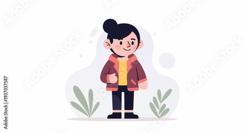A stylized cartoon person stands outdoors with plants and abstract shapes in the background