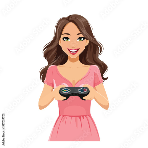 Woman holding controller smiling