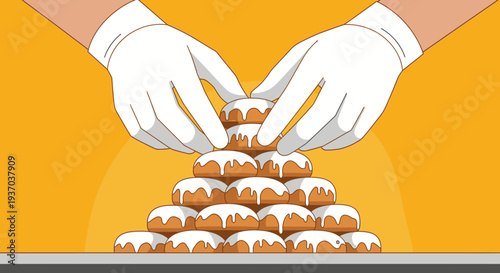 A chef's gloved hands meticulously stack freshly baked, glazed mini-donuts into an appealing pyramid, ready for a delightful sweet treat display.