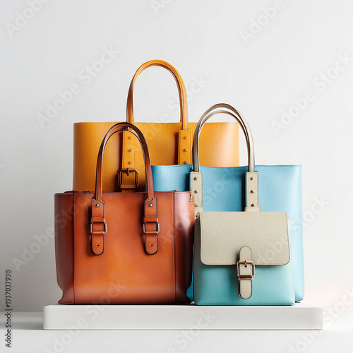 A collection of photorealistic leather tote bags, isolated on a white background with clean studio lighting.