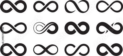 Various black infinity symbols with different styles and white loop continuous