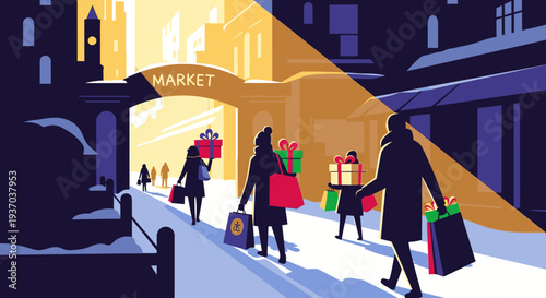 Stylized illustration of shoppers carrying colorful gifts and bags through a snow-covered urban market, dramatically lit by a strong beam.