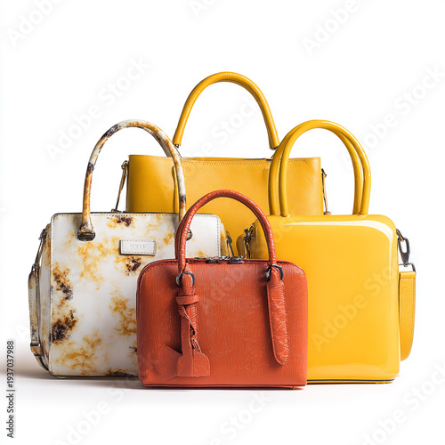 A collection of photorealistic leather tote bags, isolated on a white background with clean studio lighting.