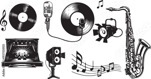 Music icons and instruments for creative artistic projects