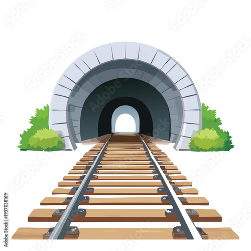Tunnel entrance with railway tracks and surrounding foliage illustration