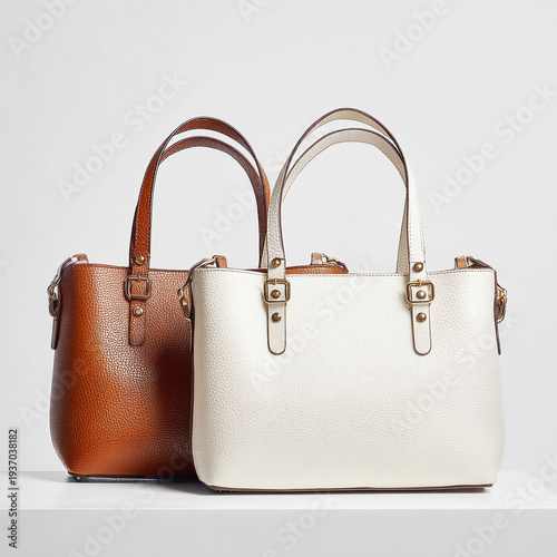 A collection of photorealistic leather tote bags, isolated on a white background with clean studio lighting.