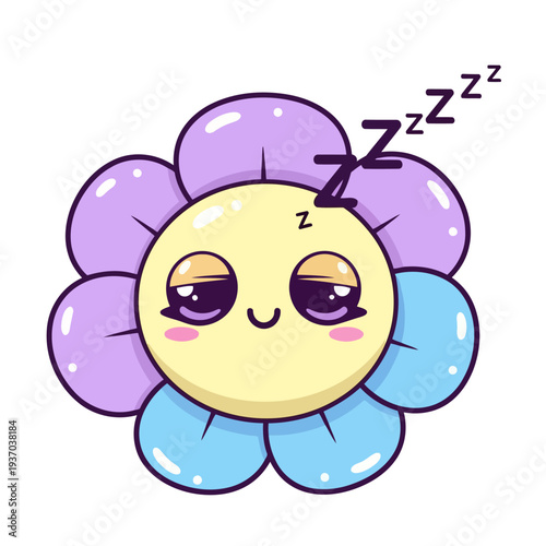 A charming sleepy flower character vector illustration displaying a peaceful expression and 'Zzz' signs.