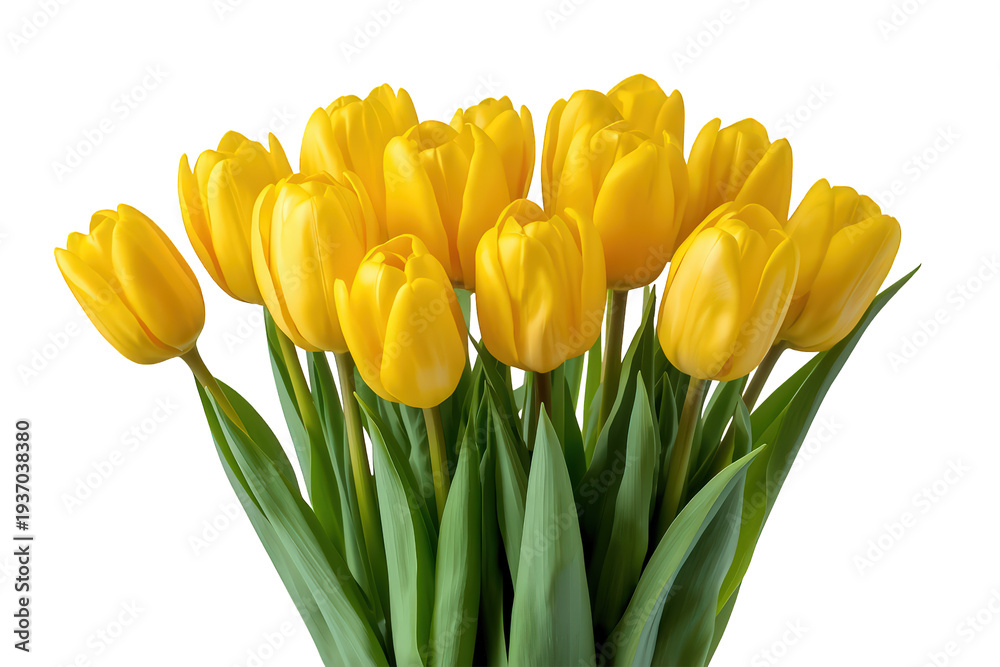 Obraz premium Yellow tulips forming a vibrant bouquet, representing spring, celebration, and floral beauty on a transparent background
