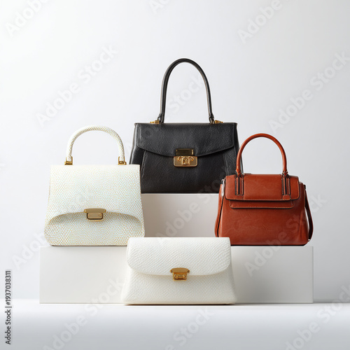 A collection of photorealistic leather tote bags, isolated on a white background with clean studio lighting.