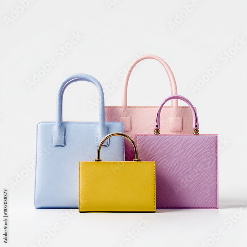 A collection of photorealistic leather tote bags, isolated on a white background with clean studio lighting.