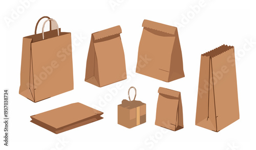 Brown Kraft Paper Shopping and Takeaway Bags Vector Set