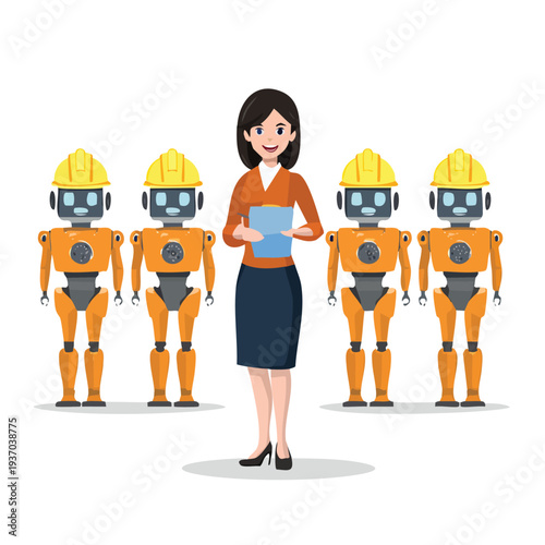 Woman overseeing group of robots in vector illustration
