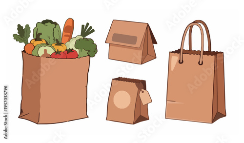 Brown Kraft Paper Grocery and Takeaway Bag Vector Collection