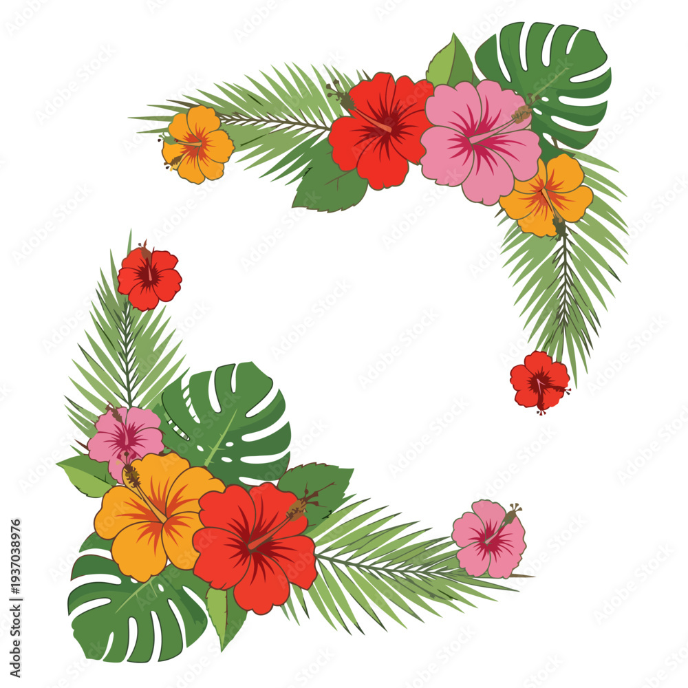Obraz premium Colorful tropical hibiscus flower corner border design elements featuring lush green foliage.