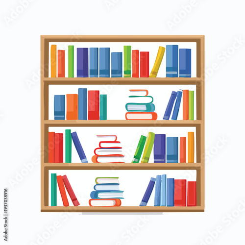 Wooden bookshelf displaying colorful books on white background