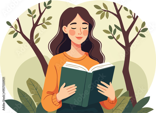 donna che legge un libro romanzo giallo sotto albero in campagna aperta sulla terra erba terreno vettoriale