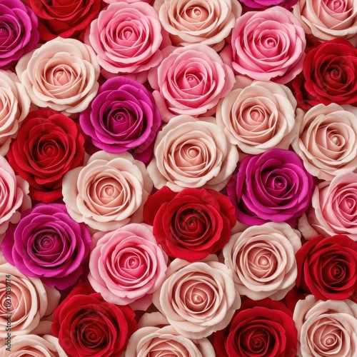 A delicate and romantic floral texture featuring numerous pink and red roses covering the entire surface, ideal for design templates, romance, design, sophisticated
