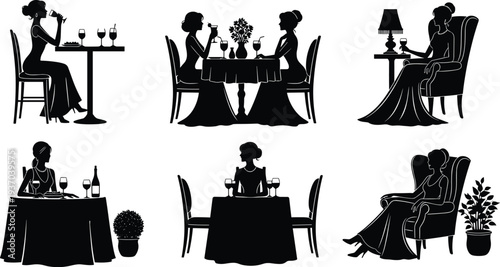 Set of elegant female silhouettes dining at restaurant tables enjoying wine in formal evening gowns and sitting in luxury armchairs isolated on white background