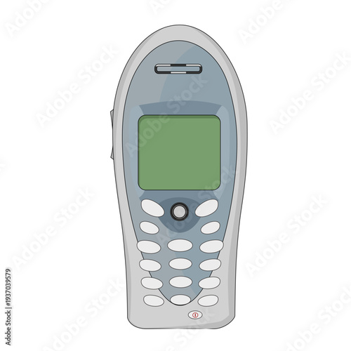 a oval shape cell phone grey color with a green screen on the front and dial. Retro communication technology
