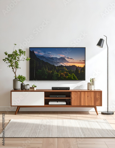 Minimalist living room with TV and modern console