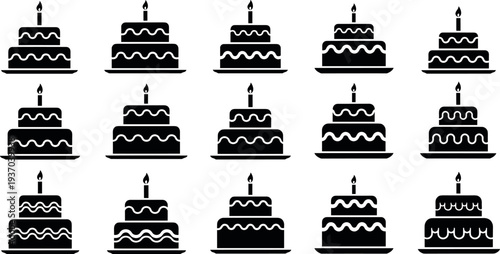 Birthday Cake Icon Set with Candle Celebration Dessert Symbols for Party Events, Anniversary Greetings, Bakery Products, and Festive Design