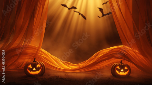 Halloween background with dramatic golden light rays illuminating flowing orange mist and flying bat silhouettes. Dark moody atmosphere with cinematic depth and seasonal autumn theme