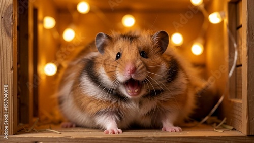 Adorable Hamster in a Festive Wooden Crate