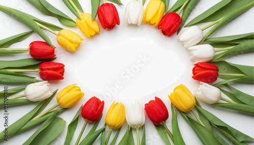 Red, yellow and white tulip flowers and leaves border isolated on a flat background.

