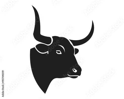Black silhouette bull head with horns, livestock animal, agriculture symbol, cattle farm icon