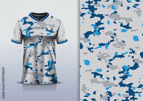 T-shirt mockup with abstract camouflage pattern jersey design for football, soccer, racing, esports, running, in gray blue color