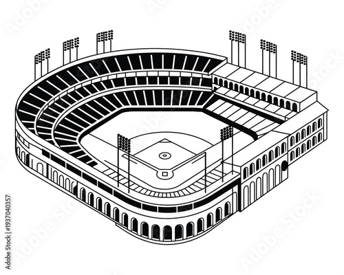 Baseball field stadium silhouette vector illustration, sports arena outline design, baseball diamond field layout with stadium seating isolated on white background for sports graphic projects.