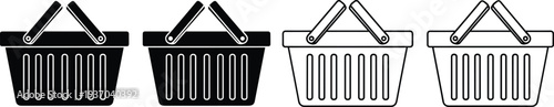 Set of empty shopping basket silhouettes and line art icons featuring retail grocery store plastic handles and shopping containers isolated on a white background