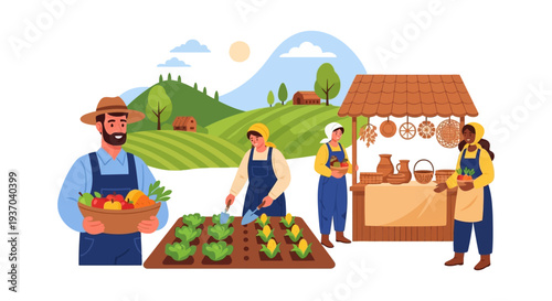 Happy Farmers Working and Selling Fresh Produce at Outdoor Market Stall. Agricultural Harvest Scene with People and Farm Landscape Vector.