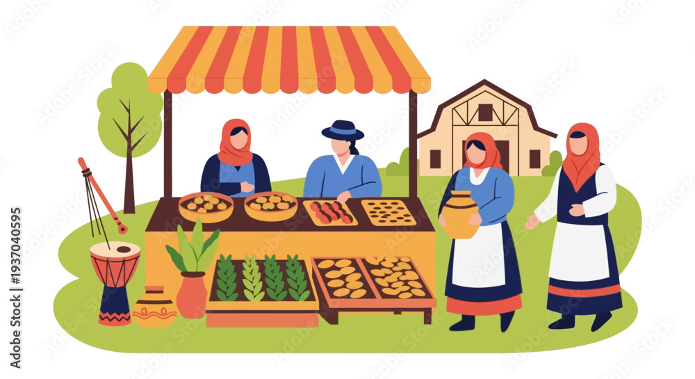 Fototapeta premium Traditional Rural Market Stall Vector. Vendors in Folk Attire Selling Produce, Food, and Handcrafts in a Countryside Setting.