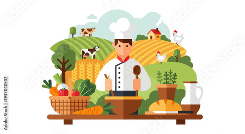 Farm-to-Table Concept: Chef Cooking Fresh Organic Ingredients. Flat Vector Illustration of Rural Farming, Harvest, and Sustainable Food Preparation.
